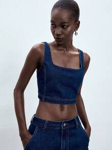 ATUI Studio Bộ đồ nữ thường ngày gồm áo tank top cổ vuông trơn và quần short denim rộng. - Màu xanh lam - Xem 4