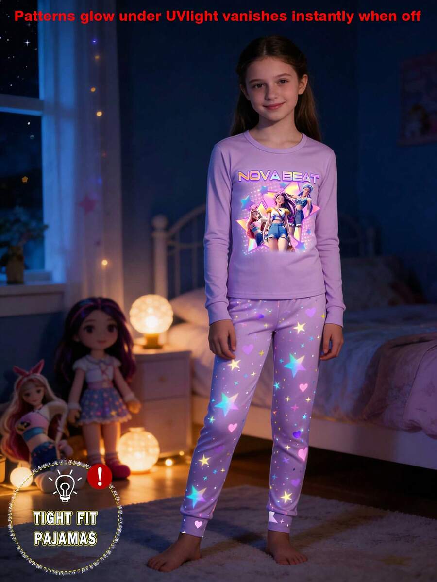 1 Set de Pijamas que brillan en la oscuridad para niñas preadolescentes, parte superior de punto con estampado de grupo de niñas luminoso activado por UV en color morado y Bottom de punto con estampado de estrellas y corazones de ajuste ceñido, el estilo de ajuste ceñido es pequeño, por favor pida una talla talla grande grande - Gris - Ver 1
