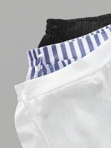 SHEIN Essnce 3件組黑白紋理布料搭配深皇家藍與白色粗條紋，航海度假風女款休閒腰綁帶口袋直筒長褲套裝，適合夏季與秋季 - 彩色 - 查看 3
