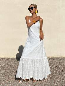 Livesso 海滩度假装扮，夏季白色纹理V领中长连衣裙，女士吊带裙 - 白色 - 查看 4