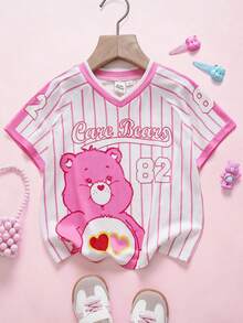 SHEIN X Care Bears 女童夏季休闲条纹小熊印花T恤 - 粉色 - 查看 3