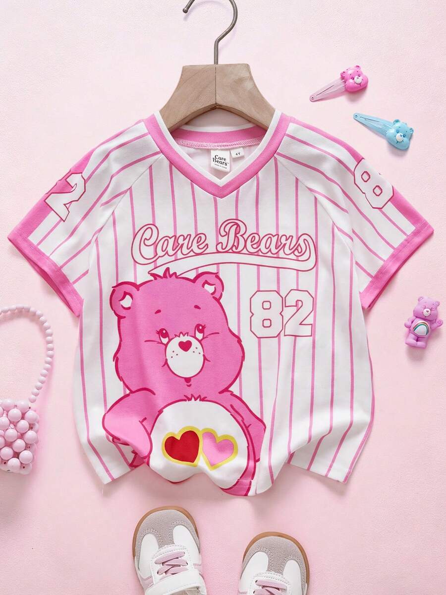SHEIN X Care Bears 女童夏季休闲条纹小熊印花T恤 - 粉色 - 查看 1