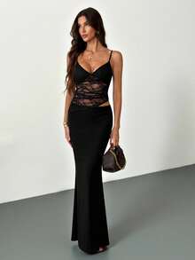 SHEIN Tall Women's Lace Patchwork Sexy Date Party Super Long Strap Dress,Summer Dresses For Women - Black - View 6