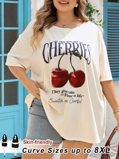 SHEIN CURVE+ Plus Size Women's Vacation Round Neck Short Sleeved Loose T-Shirt, Vacation Pattern Apricot T-Shirt Boho Vacation