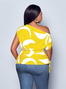 SOLERSUN Blusa asimétrica de hombro con cordón y fruncido lateral con estampado geométrico, talla grande para mujer, estampado aleatorio, blusa de un solo hombro - Amarillo - Ver 3