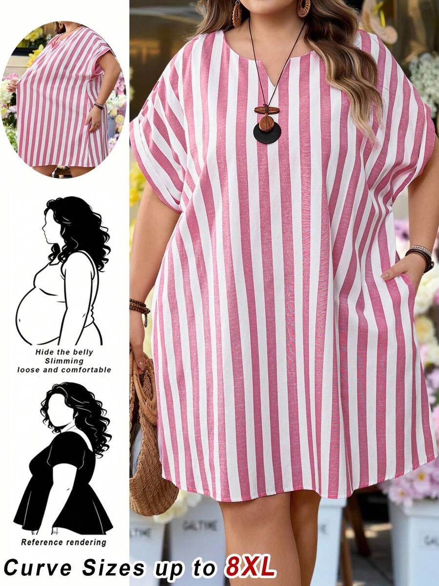 SHEIN CURVE+ 大码女式早春短袖条纹休闲连衣裙 - 淺粉色 - 查看 1