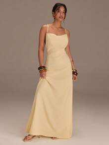 Athîral 女士休闲度假浅黄色露背吊带无袖连衣裙 - 淡黃色 - 查看 3
