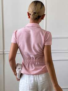 DAZY Striped Collar Pleated Waist Short Sleeve Casual Vacation Summer Blouse For Women Y2k - Pink - View 6