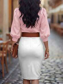 EMERY ROSE Stylish Pink Woven Fabric Top With V Neck And Bishop Half Sleeves Elegant Wrap Blouse - Pink - View 2