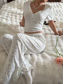 CottageSlumber Romantic Floral V-Neck Button-Down Short Sleeve Knit Pajama Set For Women - Beige - View 2