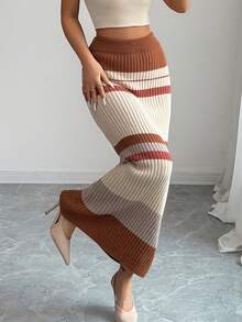 Elenzga 女士春夏新款弹力腰经典条纹时尚百搭休闲优雅修身长款针织裙 - 彩色 - 查看 4