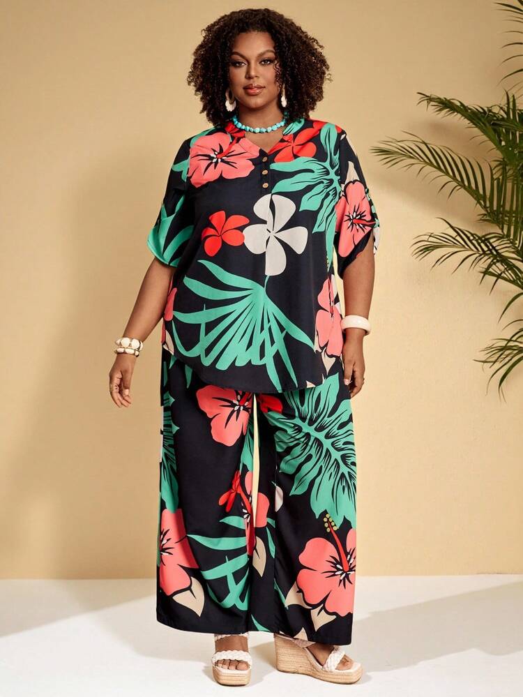 Plus Size Women Tropical Plant Print Short Sleeve Shirt And Wide Leg Pants Casual Suit,Summer Dresses For Women ,Beach Outfits For Women,Casual Sets For Women,Holiday Outfits For Women,Country Outfits For Women Plus Size Vacation Outfits Tropical Outfit For Women Plus Size Women Vacation Outfit Sets Plus Size Women's Summer Outfits Women's Plus Size Dresses Beach Vacation Outfits Woman Plus Size Plus Size Cruise Outfits For Women Plus Size Summer Dresses For Women