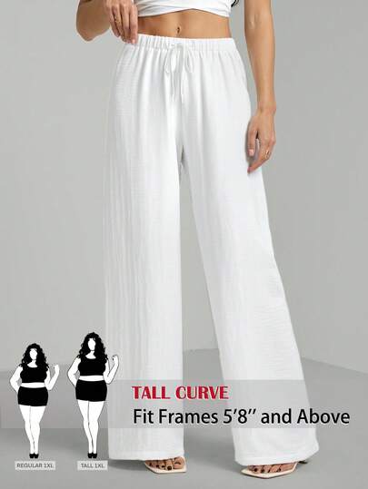 SHEIN Tall CURVE Quần ống rộng dáng suông màu trơn dành cho nữ cỡ lớn, có dây rút ở eo, kiểu dáng thường ngày, đa năng, thích hợp mặc hàng ngày.