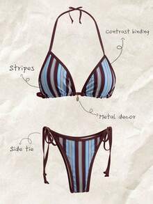 Elavelle Ensemble de bikini à col ras-du-cou avec bijoux en métal à imprimé aléatoire, printemps/été pour femmes - Multicolore - Voir 1