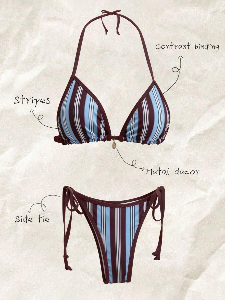 Elavelle Ensemble de bikini à col ras-du-cou avec bijoux en métal à imprimé aléatoire, printemps/été pour femmes - Multicolore - Voir 1