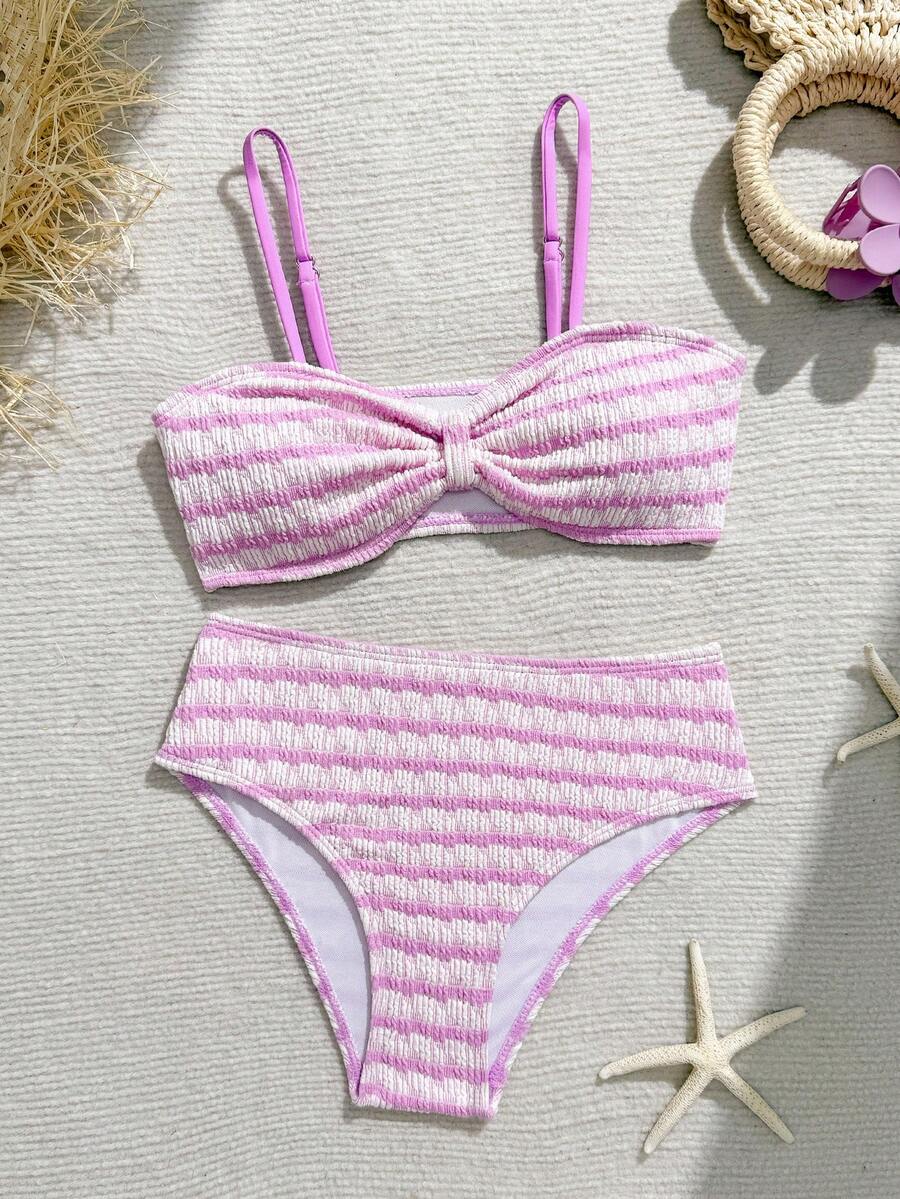 SHEIN Bộ bikini hai mảnh kẻ sọc hồng trắng cho bé gái tuổi teen, kiểu dáng mùa hè mới, thiết kế không dây, cạp cao, thân thiện với da và nhanh khô, trang phục thời trang cho nữ đi nghỉ mát ở bãi biển/hồ bơi. Bộ bikini hai mảnh kẻ sọc dành cho nữ. - Màu tím - Xem 1