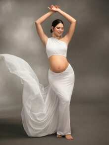 Cheriluna Maternity 优雅飘逸的缎带孕妇摄影礼服，婴儿洗礼派对 - 白色 - 查看 1