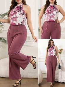 Ellevyn 大码优雅扎染印花露背上衣和裤子两件套，夏季 - 粉色 - 查看 1