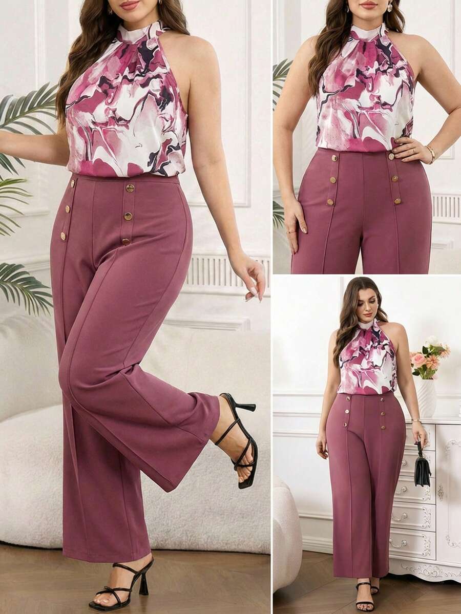 Ellevyn 大码优雅扎染印花露背上衣和裤子两件套，夏季 - 粉色 - 查看 1