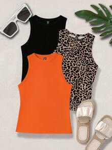 SHEIN CURVE+ Camiseta de tirantes con estampado de leopardo para mujer de talla grande, romántica y versátil, adecuada para citas, ir al trabajo, uso casual diario, primavera/verano - Multicolor - Ver 1