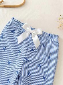 SHEIN Baby Girls' Cute Minimalist Bow Striped Print Casual Pants, Suitable For Outdoor Spring/Autumn - Blue - View 3