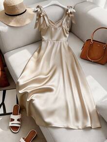 INAWLY New Arrival Summer Elegant Dress, Sleeveless Spaghetti Strap Bow Tie, A-Line Romantic Dress, Sexy High Slit Hem, Pearl Decor, Poplin Fabric, Women's Office Dress, Summer Outfit, Elegant Party Dress, Wedding Guest Attire Satin Dress Luxury Long Dress Bow Strap Dress Elegant Classic Dress Women's Formal Dresses Luxury Dresses For Women Satin Dress For Women Silk Dress Women Classy Dresses For Ladies Elegant Dresses For Women - Apricot - View 3