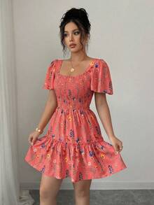 Rafferiza Vestido corto de verano para mujer con cuello cuadrado, mangas acampanadas y volantes en el bajo - Rosado Sandía - Ver 6
