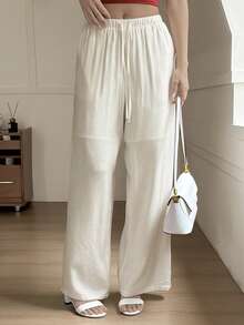Livesso Women's Casual Solid Color Drawstring Waist Long Pants Summer - White - View 5