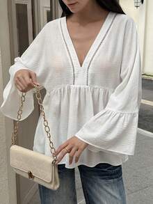 Livesso Elegant All White Autumn Chiffon Shirt For Women,Floral Ruffle Patchwork V-Neck Pullover Long Sleeve Top,Casual Vacation Beach Vacation Cover Up - White - View 5