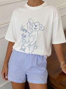 DAZY Cute Puppy Print Loose T-Shirt Graphic Tee & Striped Shorts Pajama Set For Women - White - View 4