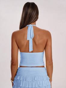 SHEIN BAE Áo camisole thời trang nữ màu trơn, xếp ly, hở lưng, ôm sát. - Màu xanh nhạt - Xem 2