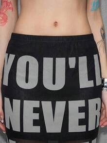 ROMWE Avant Oversized English Text Mesh Blurry Print Slim Fit Maxi Skirt - Black - View 7