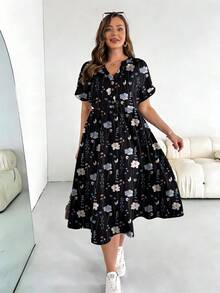 SHEIN Essnce 大码夏季休闲碎花镂空领连衣裙 - 彩色 - 查看 3
