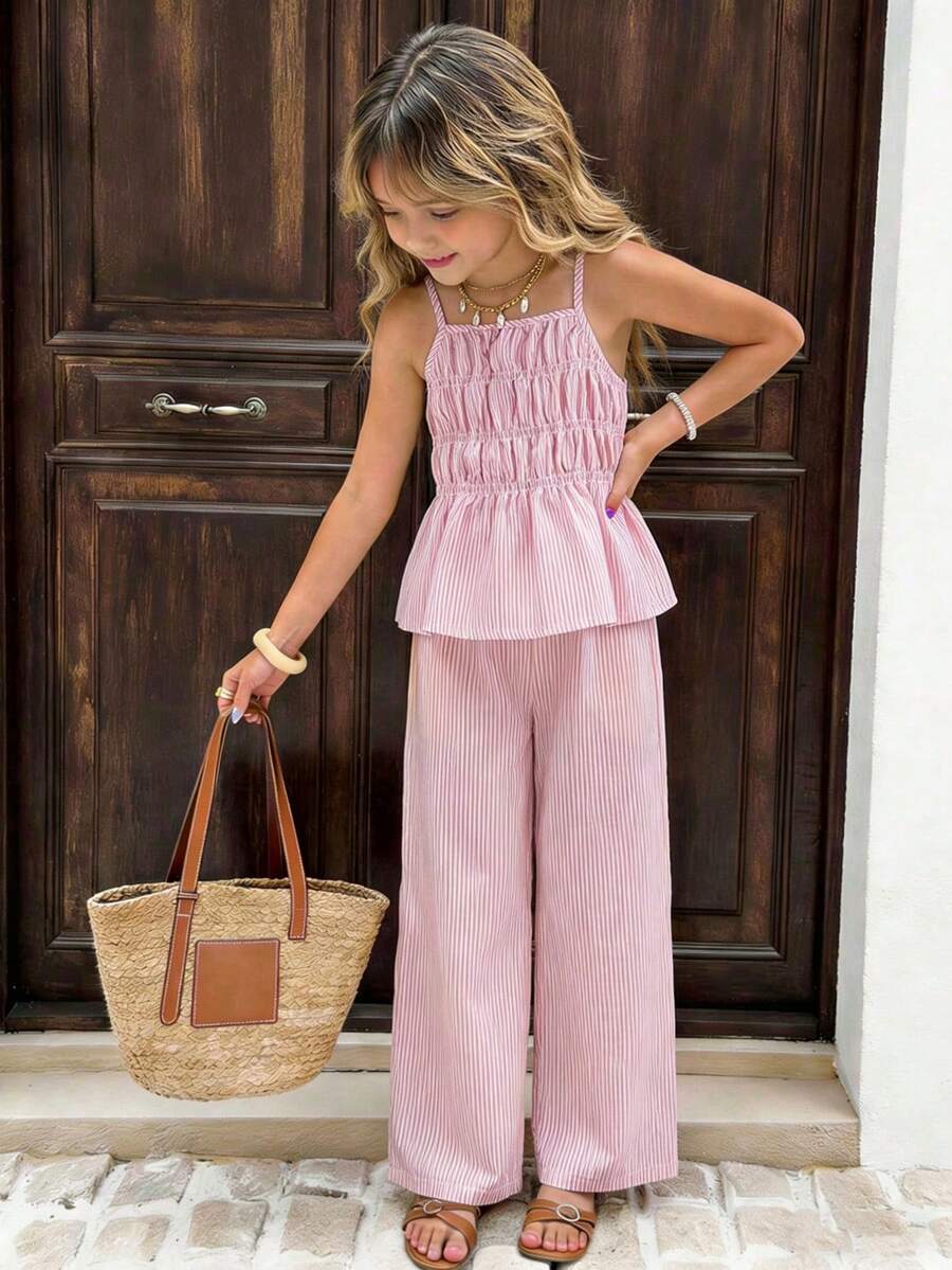 SHEIN Sparklyn Bộ trang phục mùa hè cho bé gái: Áo hai dây kẻ sọc và quần ống đứng. - Hồng - Xem 1