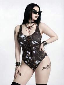 ROMWE Plus Size Women Gothic Rose One-Piece Swimsuit White Summer Goth Night Out Club Beach Wedding Guest Bondage Strap Bust Lift Waist Cinching Punk - Black - View 3