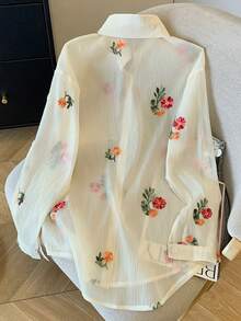 Conjunto de camisa de manga larga con hombros caídos y estampado floral de gasa holgada + pantalones cortos - Rosa - Ver 9