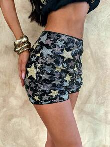 Opulessa Pantalones cortos de verano de ajuste ceñido con estampado de pentagrama para mujer - Negro - Ver 6