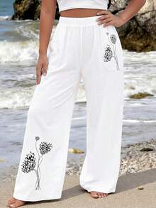 EMERY ROSE Plus Size Printed Comfortable Linen Straight Leg Pants, Slimming With Pockets - White - View 4
