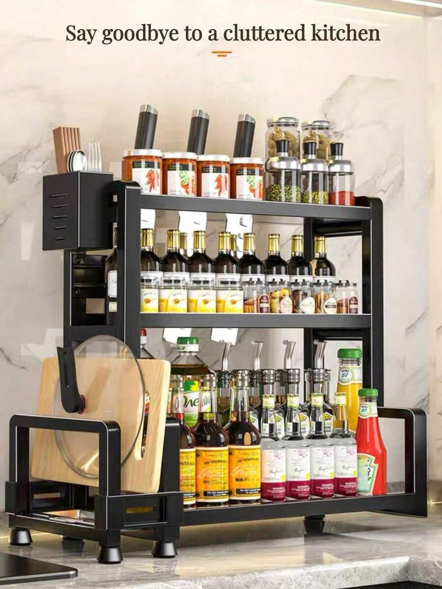 1-Piece Kitchen Spice Rack, Chopstick And Knife Holder, Multi-Functional Countertop Kitchen Utensil Rack, Multi-Layer Design, Large Capacity Kitchen Spice Rack, Oil, Salt, Sauce And Vinegar Storage Rack, Kitchen Countertop Cutting Board And Pot Lid Storage Rack, Black This Kitchen Storage Rack Is Perfect For Storing Sauces, Condiments, Grains, Canned Goods, Salt And Pepper Grinders, Or Household Items. - Black - View 1