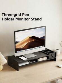 1PC Desktop Monitor Riser With Storage Grid Neck Protection Multi Compartment Partition Board Simple Office Style White Black Long Strip Shape With Three Pen Slots Lower Storage Space Sturdy Support Desktop Organizer For Home Office Daily Workplace Desk Organization - Multicolor - View 3