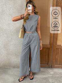 EMERY ROSE 女士格子圆领无袖上衣和裤子优雅休闲套装 - 黑與白 - 查看 1