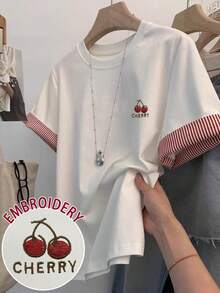 Resyla Women's Casual Striped Patchwork Cherry Embroidery T-Shirt, Summer - Multicolor - View 1