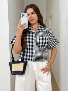 Levarali Plus Size Cotton Gingham Print Shirt , Summer Casual Comfortable Back-To-School For Women Formal Party Teacher - Black and White - View 5