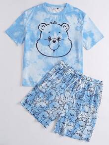 SHEIN X Care Bears 男士卡通熊扎染印花圆领短袖上衣和短裤睡衣套装 - 淺藍色 - 查看 1