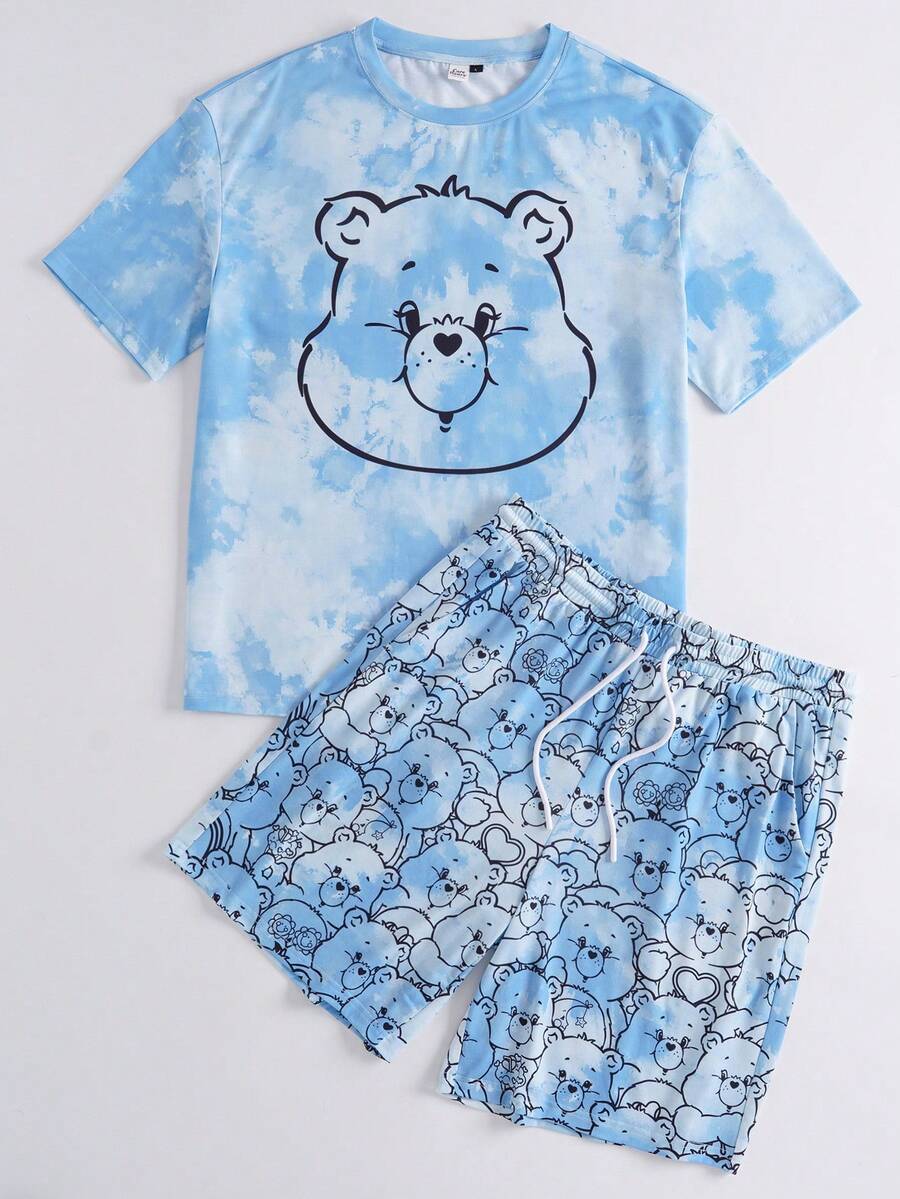 SHEIN X Care Bears 男士卡通熊扎染印花圆领短袖上衣和短裤睡衣套装 - 淺藍色 - 查看 1