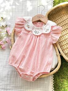 Vintaside Kids 女婴杏色连体衣，适合春夏穿着，领口饰有樱桃刺绣，甜美简约风格，穿着舒适，适合休闲外出、居家休闲和轻松聚会。 - 粉色 - 查看 1