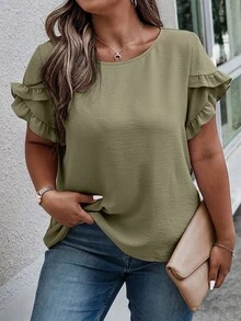 SHEIN LUNE CURVE 大码纯色圆领荷叶边下摆短袖休闲宽松衬衫，夏季 - 軍綠色 - 查看 4