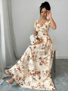 Elenzga Women's Floral Print Square Neck Puff Sleeve Ruched Waist Romantic Elegant Casual Commute Date Party Dress, Spring/Summer - Multicolor - View 6