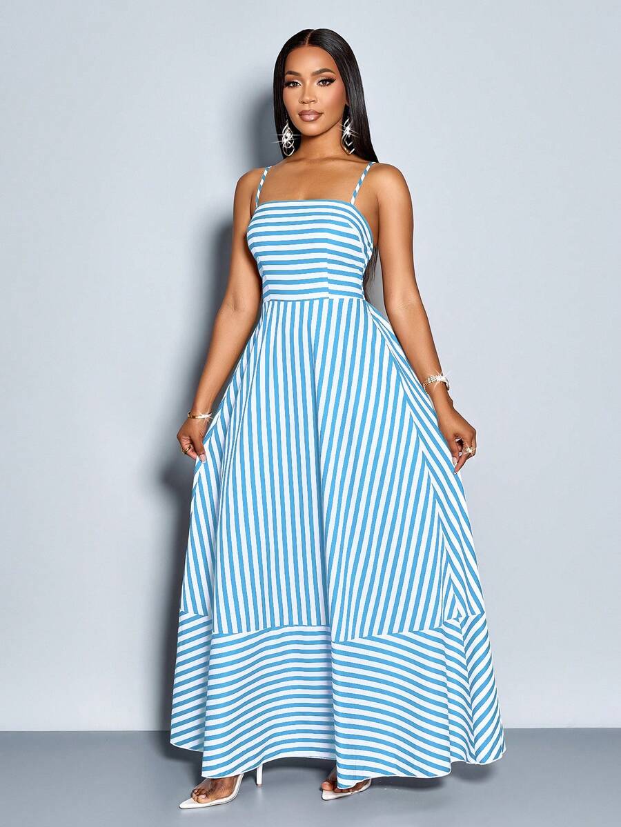 SOLERSUN Women's Flowing Striped Maxi Dress With Shoulder Straps, Pockets And Chest Gathering, Suitable For Vacation, Beach, Commuting And Casual Daily Wear (Random Floral) - Baby Blue - View 1