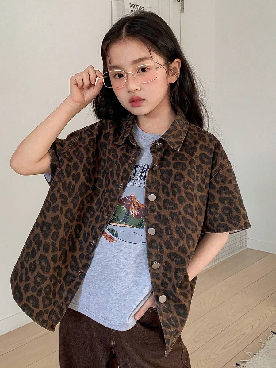 Dazy Kids 少女豹纹牛仔翻领长袖夹克外套,秋季款 - 棕色 - 查看 1